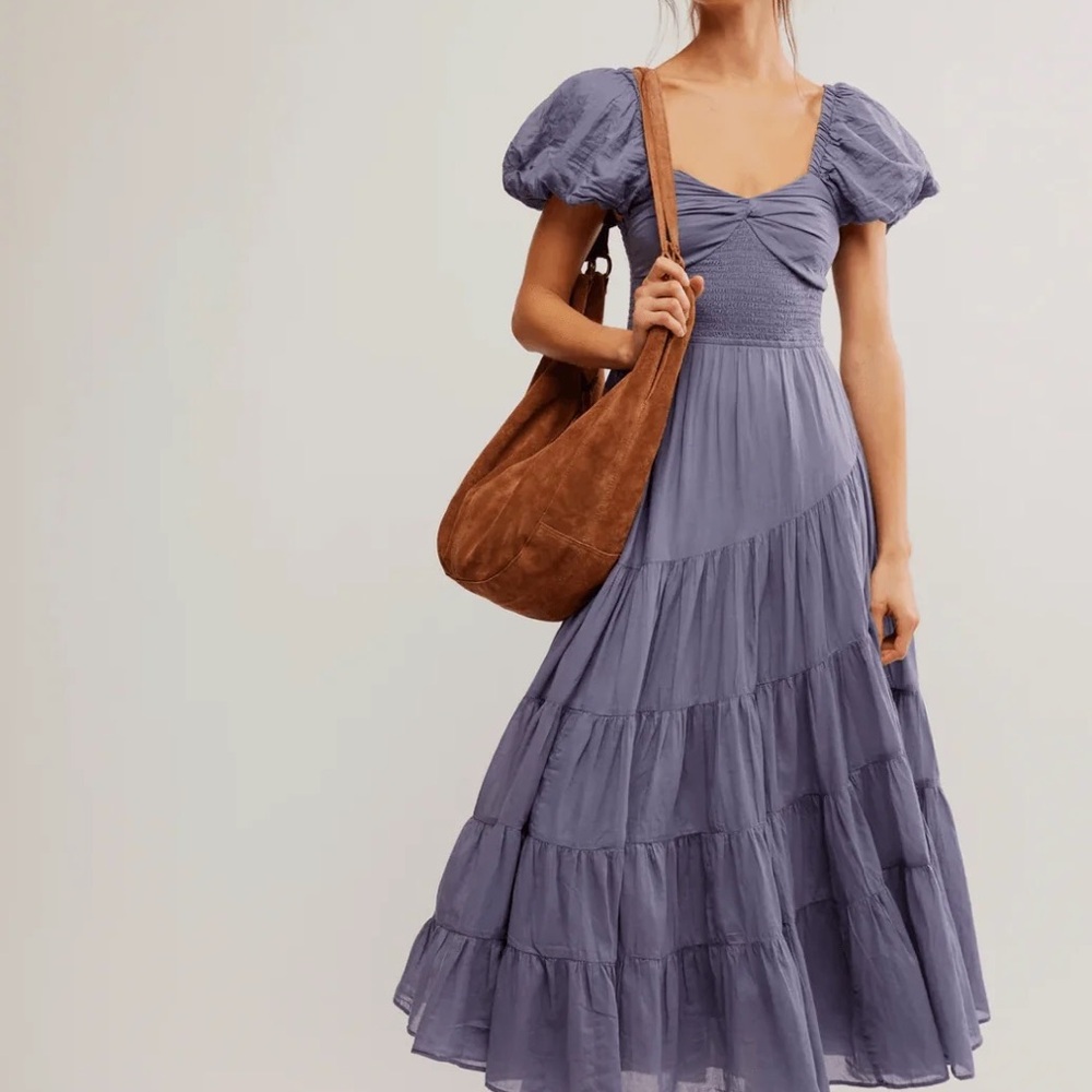 Free People Women’s Puff-Sleeve Tiered Midi Dress - Blue Granite Color